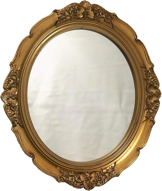 Vintage Carved Decorative Wall Mirror, Hanging Mirror for Dresser Decor Bedroom Living-Room, Cosmetics Jewelry Dresser Organizer Tray (15”x 13.4”) (Golden-Oval)