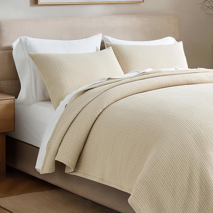 EVERGRACEHOME Cotton Gauze King Bedspread, Ultra Soft Prewashed Pick Stitch Matelassé Coverlet, Lightweight Textured Oversized King Quilt Bedding Set for All Season, with 2 Shams, Soft Oat