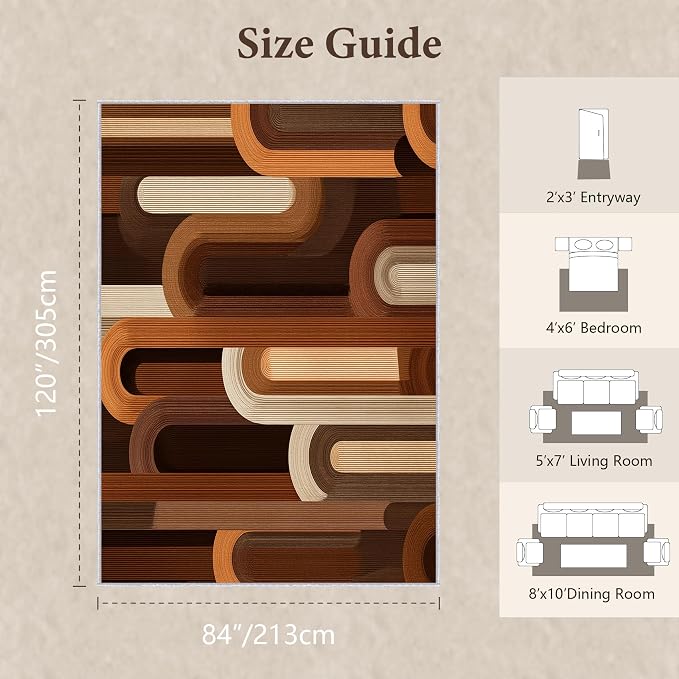 Retro Arches Area Rug 7x10, Modern Geometric Arch Pattern Rug, Mid Century Abstract Carpet for Living Room Bedroom, Non Slip Washable Rug