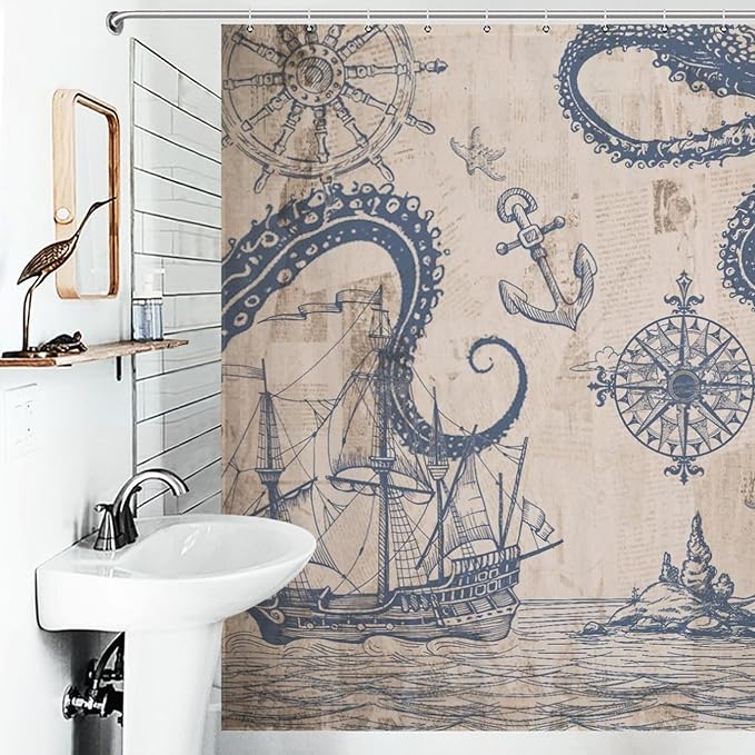 Ocean Nautical Shower Curtains,Sailboat Compass Hand Painted Navigation Vintage Nautical Elements Waterproof Shower Curtains for Bathroom Decor 12 Pack Hooks 72x72in (183x183cm)