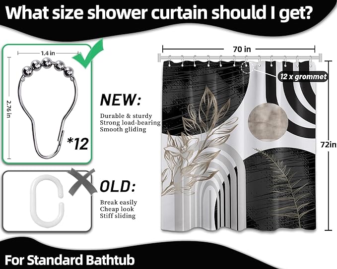 Mid Century Modern Black and White Shower Curtain Cool Charcoal Grey Silver Shower Curtains for Mens Bathroom Decor Sets, Abstract Boho Pattern, Waterproof Cloth Fabric with Hooks 70x72 in