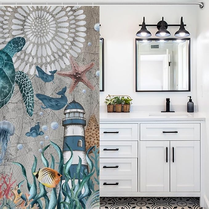 Sea Turtle Shower Curtain,Coastal Nautical Beach Teal Turtles Starfish Coral Reef Nautical Map Undersea Animal Polyester Fabric Bathroom Decor Set with Hooks,72x78Inch