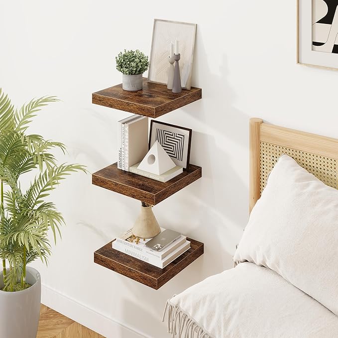 Square Floating Shelves for Wall, 12"W x 12"D x 1.5"H, 3 Pack Small Wall Mounted Engineered Wood Shelves with Invisible Brackets for Living Room, Bedroom, Bathroom, Kitchen Decor, Rustic Brown