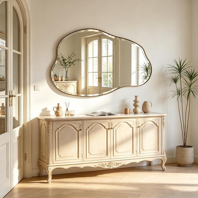POZINO Irregular Beveled Mirror, 42"x28" Asymmetrical Vanity Wall Mirror with Gold Metal Frame, Organic Shape Mirrors for Entryway Bathroom Living Room Bedroom, Horizontal/Vertical Hanging