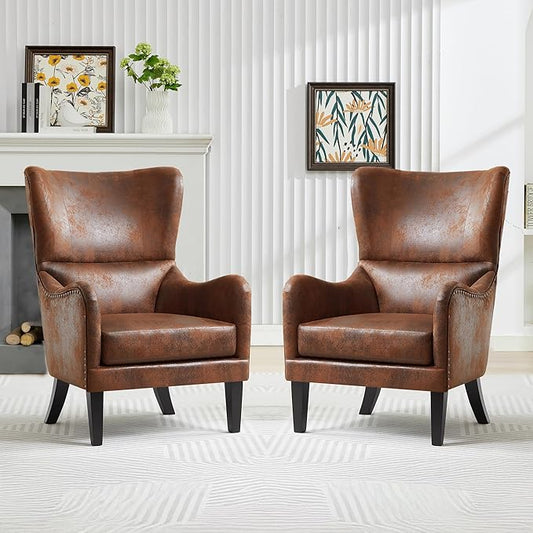 Mid-Century Modern Wingback Chairs Set of 2, Accent Club Chair with Nailhead Trim, 2 Piece Faux Leather Armchair Sofa for Living Room Single Sofa Armchair Office