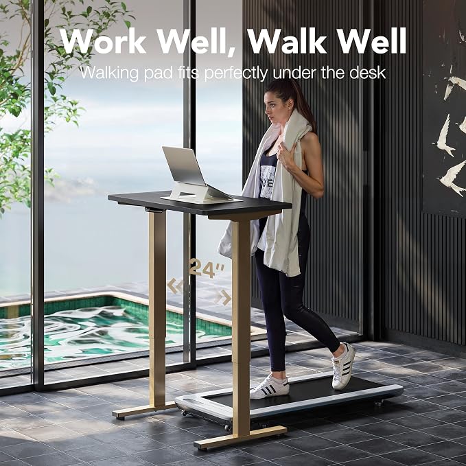 HUANUO 32" Small Electric Standing Desk Adjustable Height, 4 Memory Height Settings, Sit Stand Up Desk for Home Office & Computer Workstation, Black and Gold Frame