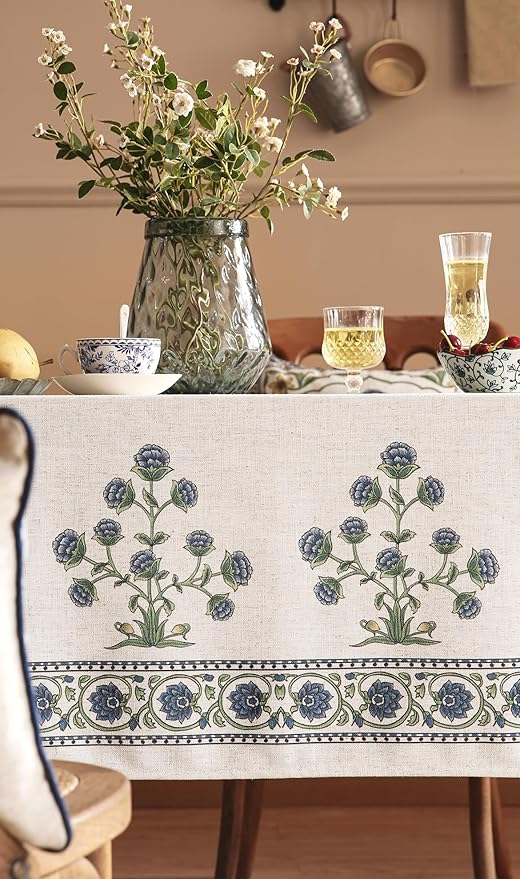 patdrea Designer Blue Square Tablecloth Table,Vintage Linen Leaves Floral Pattern Floral Tablecloths,French Table Cover Cloth Fall Decor for Kitchen Dining Christmas,Thanksgiving,67"x67"-Ivar B