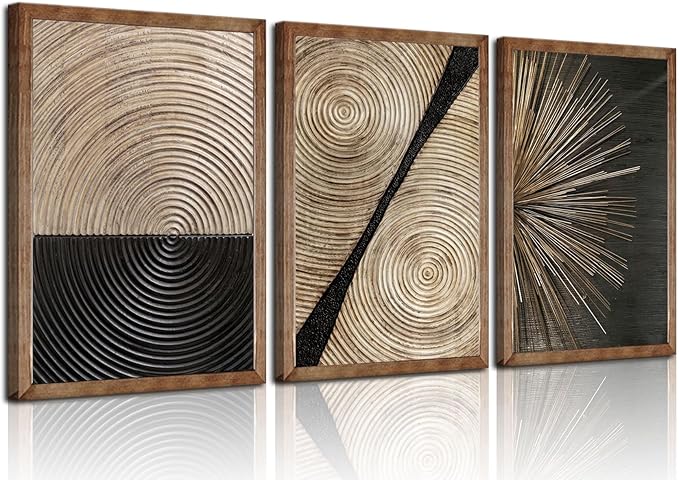 3Pcs Retro Wood grain Abstract Canvas Wall Art Minimalist Black Golden Line Texture Wall Decor Pictures Neutral Geometric Beige Brown Poster Prints for Living Room Bedroom Home Decoration 12x16in