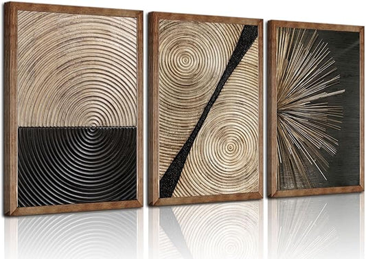 3Pcs Retro Wood grain Abstract Canvas Wall Art Minimalist Black Golden Line Texture Wall Decor Pictures Neutral Geometric Beige Brown Poster Prints for Living Room Bedroom Home Decoration 12x16in