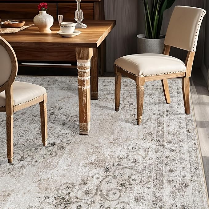 Area Rug 5x7 Vintage Rug: Washable Indoor Medallion Rugs Low Pile Distressed Floor Carpet Retro Accent Rug for Living Room Bedroom Kitchen Dining Table Home Office(Distressed Taupe, 5'x7')