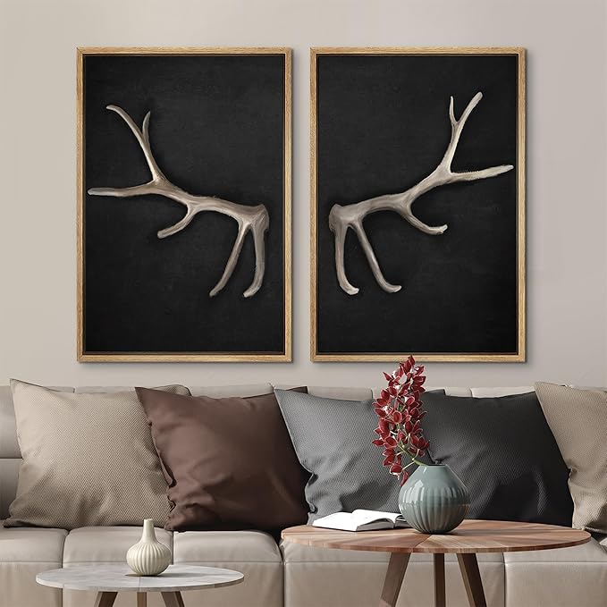 MUDECOR Framed Canvas Print Wall Art Rustic Antler Minimalist Antler Illustrations Modern Art Decorative Bohemian Colorful Chic for Living Room, Bedroom, Office - 24"x36"x2 Natural