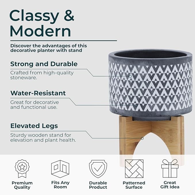 Aztec Decorative Planter Pot on Wooden Stand – Ceramic Stoneware Outdoor & Indoor Plant Pot with Gray Geometric Pattern – Modern Garden & Home Decor Ceramic Planters – 6", Gray