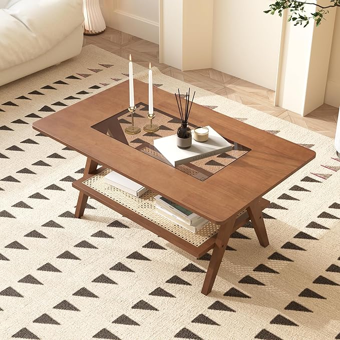 Mid Century Modern Coffee Table with Glass Top and Rattan Storage Shelf, Rectangular Walnut Wooden Coffee Table, Unique Center Tables for Living Room Apartment Home, 39.4 Inch