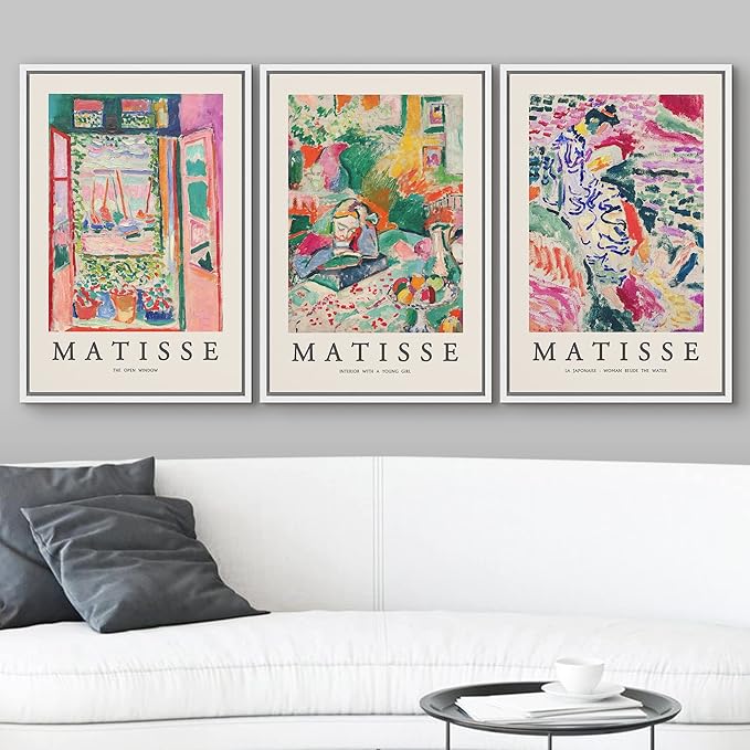 wall26 Framed Canvas Wall Art Print Set French Floral Rainbow Landscapes Henri Matisse Nature Plants Illustrations Modern Relax/Calm Multicolor for Living Room, Bedroom, Office - 24"x36"x3 White