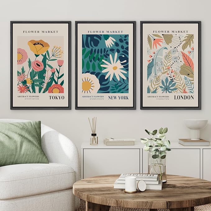 wall26 Framed Canvas Print Wall Art Set Colorful Flower Market Exhibition Prints Nature Wilderness Illustrations Modern Art Decorative Floral Botanical Minimal Calm for Bedroom - 24"x36"x3 Black