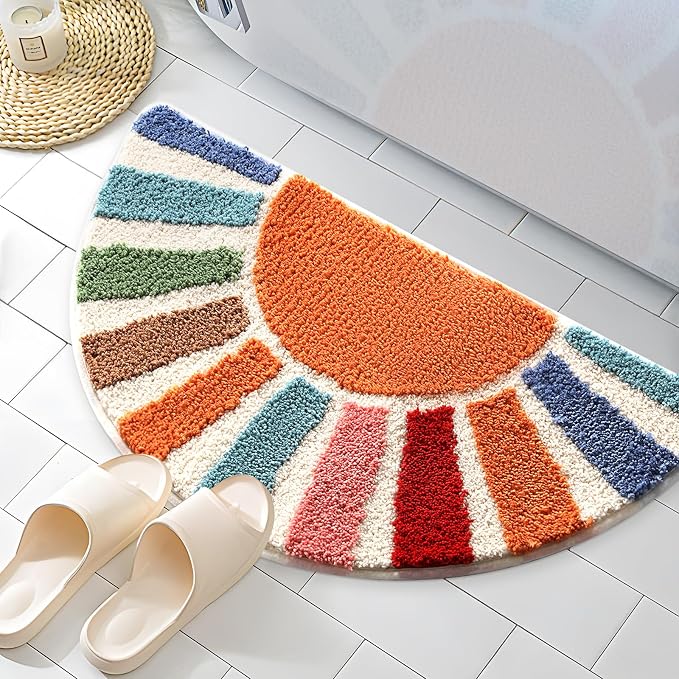 Boho Bathroom Rugs Cute Half Circle Bath Mat 20x37 Inch, Soft and Absorbent Tufted Bohemian Sun Bath Mat Non Slip Washable, Boho Bathroom Decor Rug Colorful Decorations