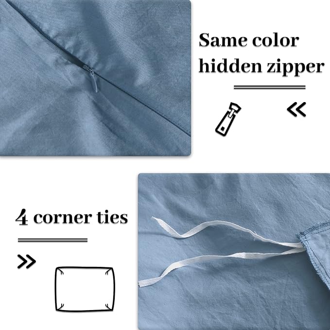 NEXHOME PRO Duvet Cover Set King Size 100% Washed Cotton Linen Look Textured Organic Natural 3 Pieces Bedding Set with Zipper Closure and Corner Ties, Breathable, Soft (Blue, No Comforter)