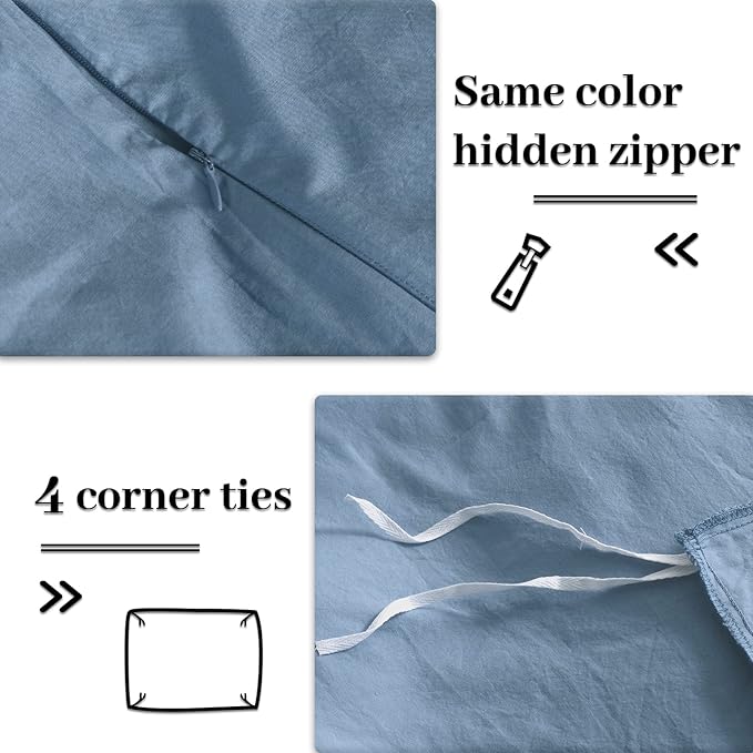 NEXHOME PRO Duvet Cover Set 100% Washed Cotton Full Size Linen Feel Textured Organic Natural 3 Pieces Bedding Set Royal Navy Klein Blue with Zipper Closure and Corner Ties, Breathable