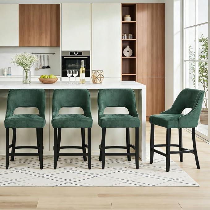 ClinQ Bar Stools Set of 3, 26" H Counter Height Bar Stools with Backs, Modern Upholstered Accent Barstools with Curved Footrest for Kitchen Island, Dining Room and Bar, Green-Black Legs