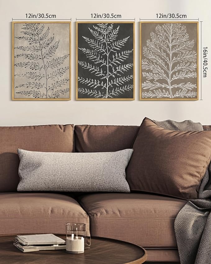 KUVIOKE Vintage Botanical Framed Wall Art Bohemian Black Tan Plant Leaf Wall Decor Nature Fern Plant Silhouette Wall Painting for Living Room Bedroom 12x16in (Natural Framed)