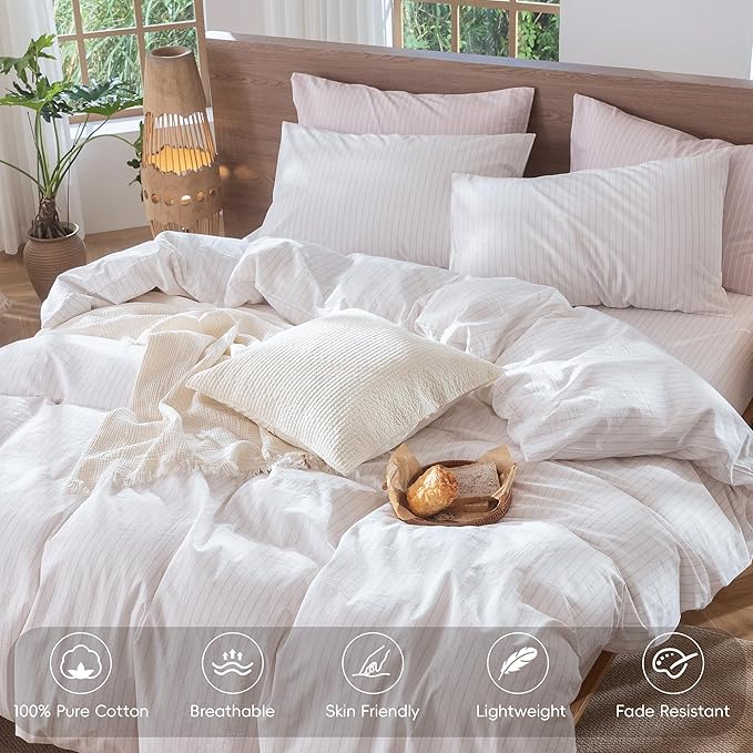 MooMee Striped Duvet Cover Set 100% Washed Cotton Linen Like Textured Breathable Durable Soft Comfy (White Heathered Greyish Pink Wide Stripes, Palatial King/Oversized King 120"x98")