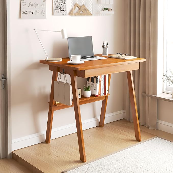 Solid Wood Desk with Drawers - 31.5 Inch Mid Century Modern Desks with Storage Shelf, Small Writing Desk for Small Spaces, Home Office Desks for Bedroom & Home, Walnut Color