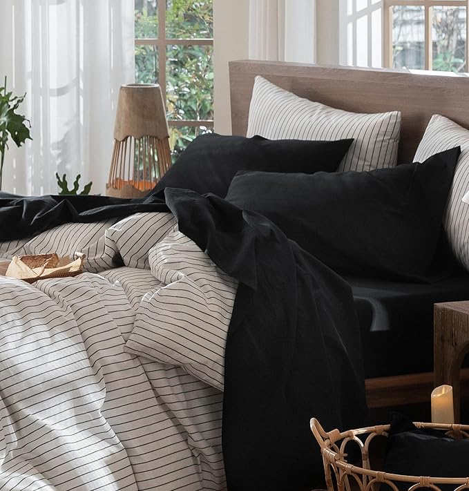 MooMee Bedding Sheet Set 100% Washed Cotton Linen Like Textured Breathable Durable Soft Comfy (Solid Black, Twin XL)