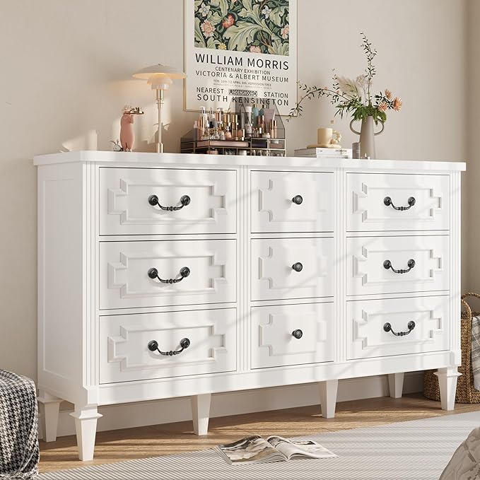 9 Drawer Dresser for Bedroom, 35.7" Tall Dresser & Chest of Drawers wtih Vintage Surface, Closet Storage Cabinet for Living Room, Hallway, White