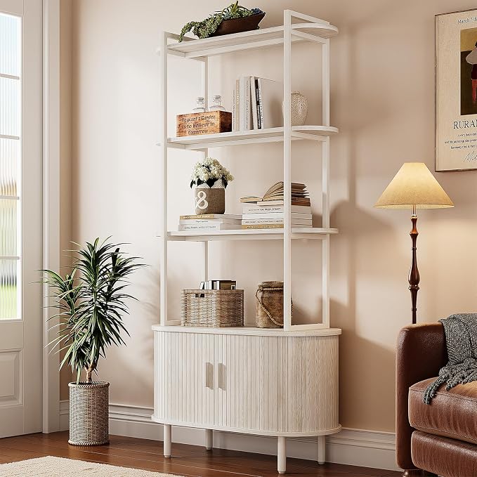4 Tier Tall Bookshelf with Cabinet, Fluted Bookcase with Sliding Door, Metal and Wood Display Shelf, Free Standing Storage Shelving Unit, Corner Storage Organizer for Living Room, Home Office, White
