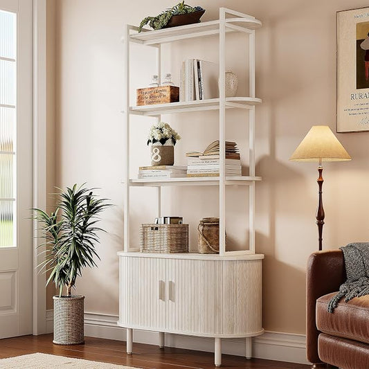 4 Tier Tall Bookshelf with Cabinet, Fluted Bookcase with Sliding Door, Metal and Wood Display Shelf, Free Standing Storage Shelving Unit, Corner Storage Organizer for Living Room, Home Office, White