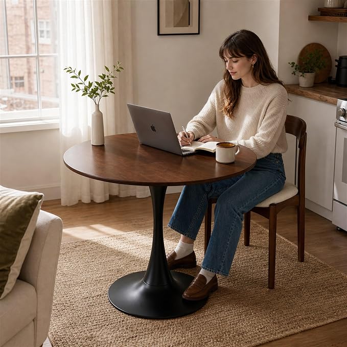Modern 31.5" Round Tulip Dining Table Walnut Mid Century Pedestal Table for 2–4 Small Kitchen Table Apartment Breakfast Nook Compact Dining Room(No Chairs)