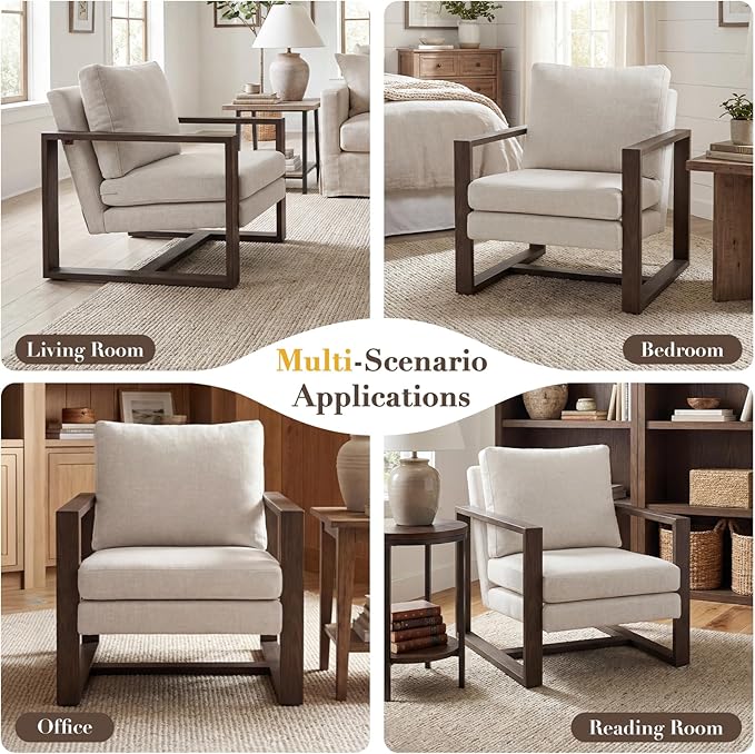 CIMOTA Modern Mid Century Accent Chairs Set of 2 Comfy Armchairs with Armrests Upholstered Reading Lounge Chairs with Metal Frame for Living Room Bedroom Office, Walnut Finish Beige