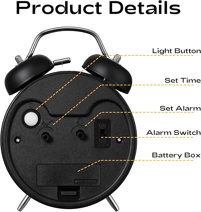 AKCISOT Loud Alarm Clock for Heavy Deep Sleepers, 4.5 Inches Analog Metal Twin Bell Clocks Battery Operated with Backlight for Bedroom Bseide, Old Fashioned for Desk Home Decoration (Black)