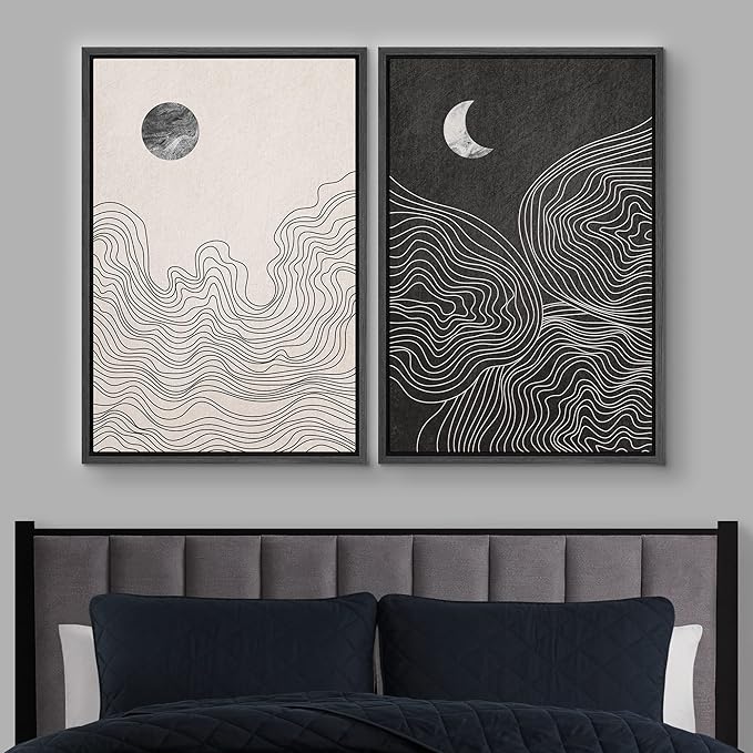IDEA4WALL Framed Canvas Print Wall Art Set Watercolor Pastel Duotone Sun Moon Abstract Nature Illustrations Modern Art Chic Landscape Neon for Living Room, Bedroom, Office - 16"x24"x2 Black