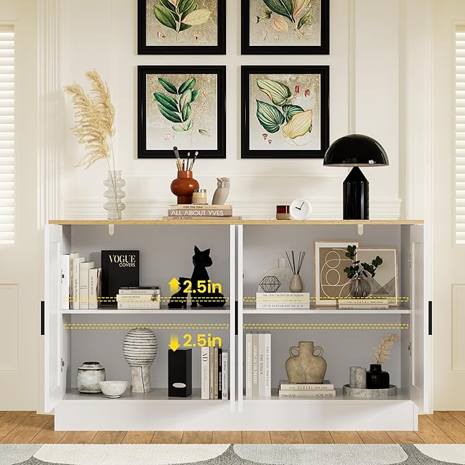 Anystyle 53" White Buffet Cabinet with Storage, Modern Kitchen Sideboard with 4 Doors & Adjustable Shelves, Entryway Credenza & TV Console Table for Living Room, Dining Room