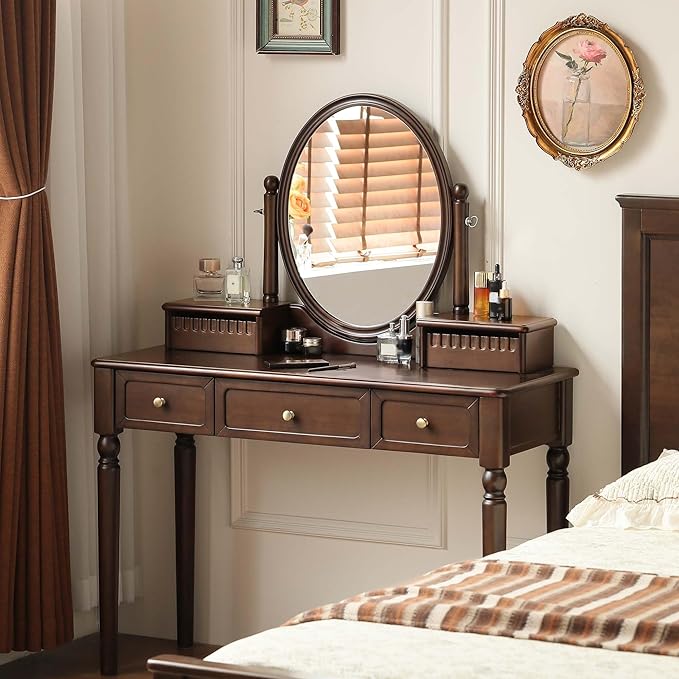 Solid Wood Vanity Desk with Mirror, Walnut Vintage Dressing Table for Bedroom, Antique Catalpa Makeup Table, 43" W x 18" D x 56" H