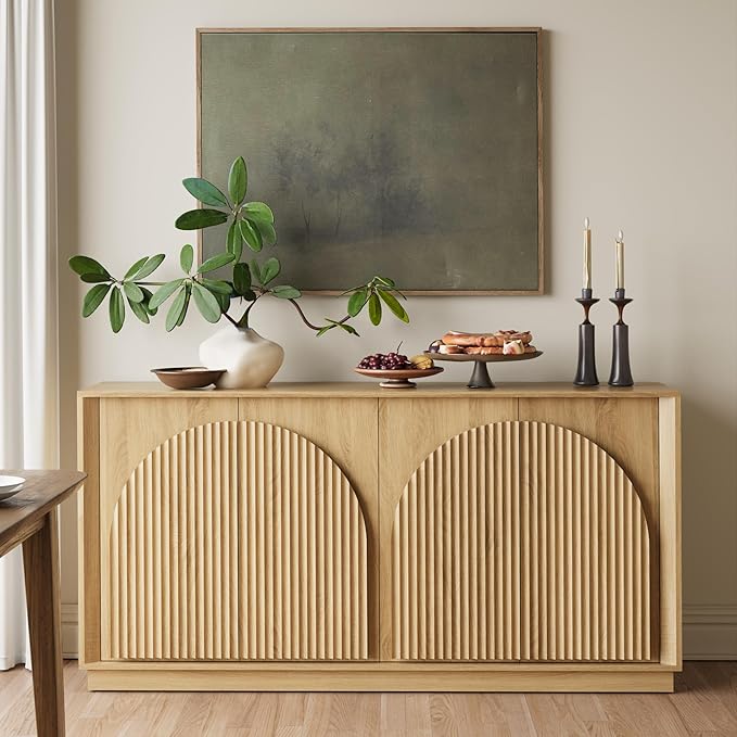 win2win Fluted Sideboard Buffet Cabinet with Storage, 65" Modern Accent Cabinet with Double-Layered Arch Doors, Wood Boho Media TV Console Table Credenza for Living Dining Room Hallway Entryway, Oak