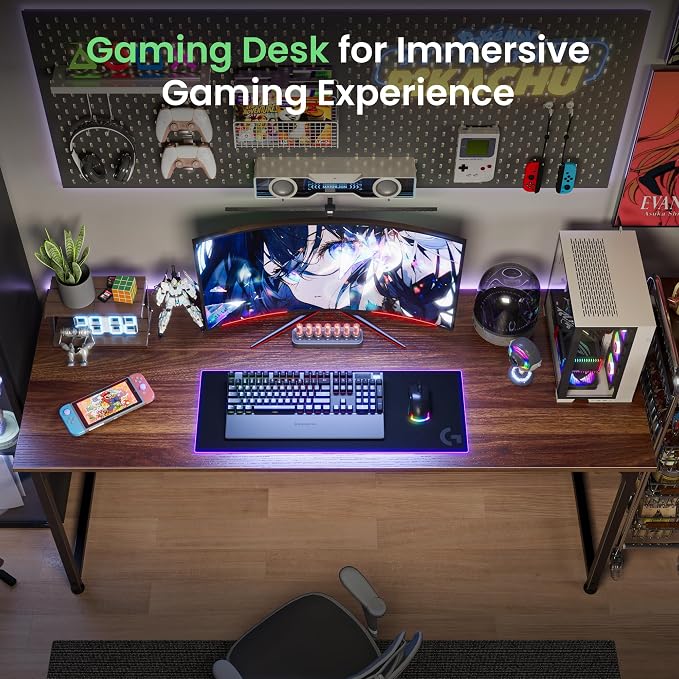 Huuger Computer Desk, 54 Inch Office Desk, Gaming Desk with Storage, Writing Desk Work Desk for Home Office, Study, Modern Simple Desk, Large Legroom, Metal Frame, Walnut
