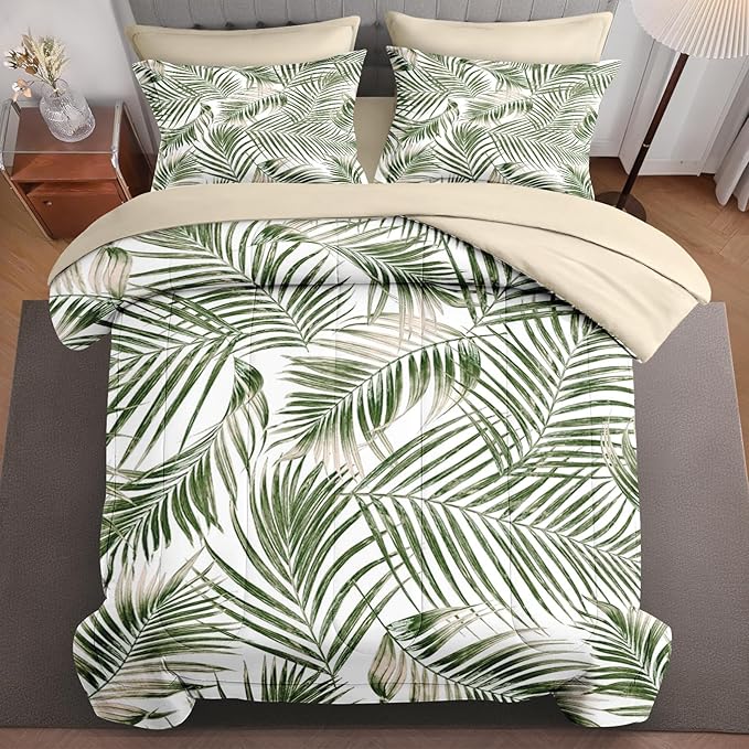 5Pcs Comforter Set Twin Size, Tropical Palm Tree Fronds Green Leaves, Bedding Decor Botanical Plant Palm Leaf Bedroom Bed Set Flat Sheet Fitted Sheet Pillowcases Shams for Kids Adults