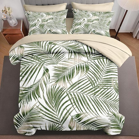 5Pcs Comforter Set Twin Size, Tropical Palm Tree Fronds Green Leaves, Bedding Decor Botanical Plant Palm Leaf Bedroom Bed Set Flat Sheet Fitted Sheet Pillowcases Shams for Kids Adults