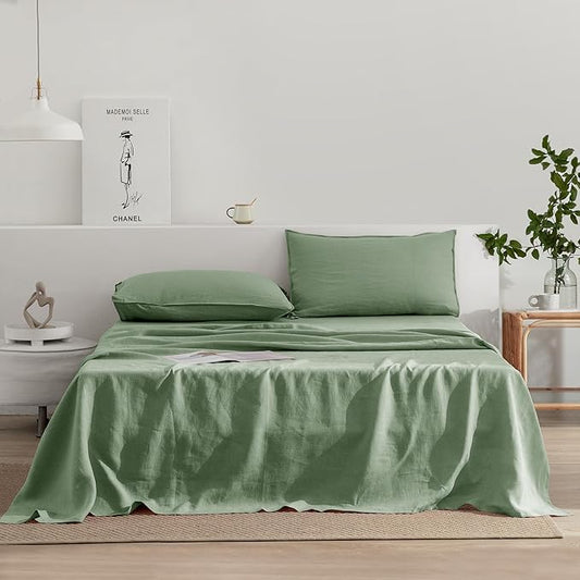 EVERLY Linen Sheets Set Full Size,100% French Stonewash Pure Linen Sheets Set,4Pieces (1Flat Sheet,1Fitted Sheet,2Pillowcase) Suitable for Hot Sleepers,Deep Pocket Natural Bedding Set-Saga Green