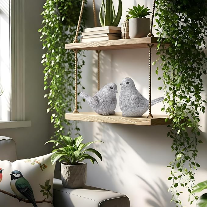 Blulu 2 Pcs Bird Figurines Home Decor Resin Bird Statue Vintage Farmhouse Decoration Boho Animal Decorative Sculpture Gifts for Home Table Office Shelf Tabletop Accents(White,Natural)