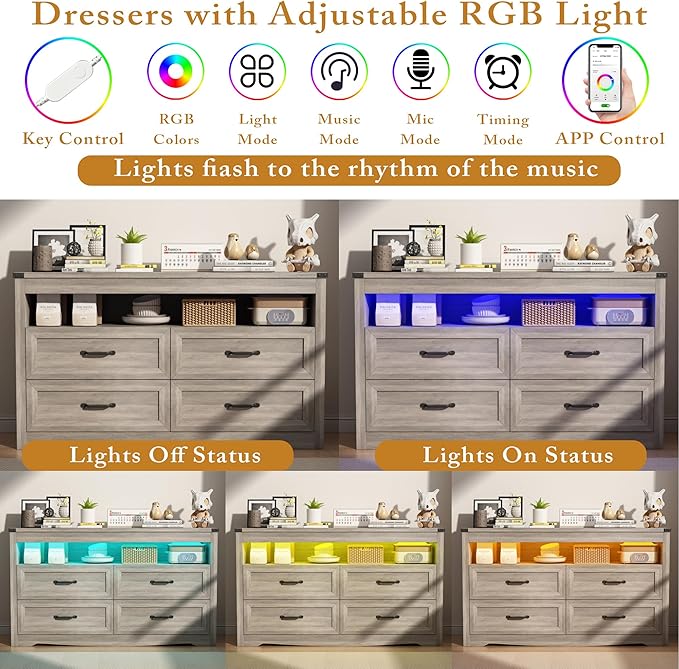 Grey Dresser for Bedroom, Wooden 4 Drawer Dresser with LED Light, Dressers & Chests of Drawers with Metal Handles, Storage and Organization for Bedroom, Hallway, Entryway, Gray