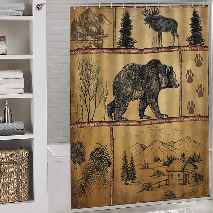 Rustic Cabin Vintage Bear Shower Curtain, Farmhouse Country Antique Bear Moose Forest Vintage Wood Camping Waterproof Shower Curtains for Bathroom Decor 12 Pack Hooks 66x72in（168x183cm）