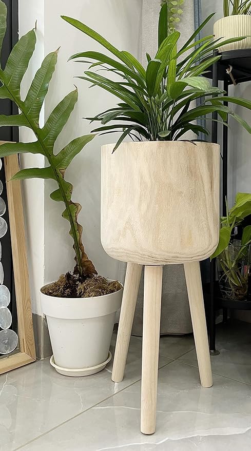 RISEON Handmade Mid Century Modern Wood Planter, Rustic Indoor Flower Pot Plant Stand,Large Floor Planter (Large)