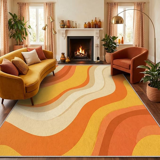 Sunset Flow Area Rug 8x10, Modern Abstract Wave Rug, Retro Orange Neutral Carpet for Living Room Bedroom, Soft Non Slip Washable Rug