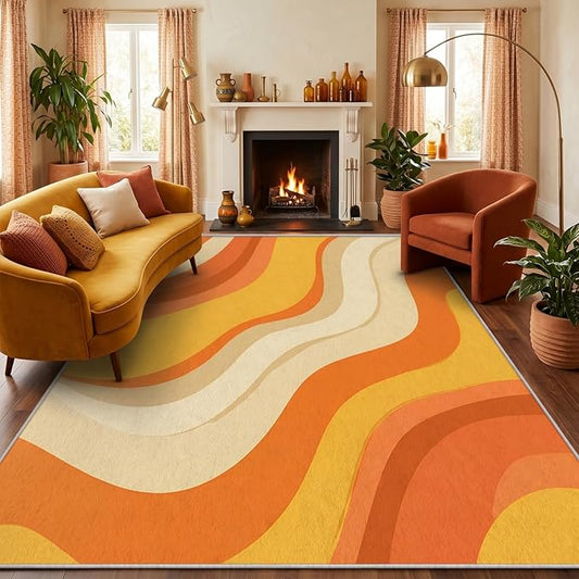 Sunset Flow Area Rug 6x8, Modern Abstract Wave Rug, Retro Orange Neutral Carpet for Living Room Bedroom, Soft Non Slip Washable Rug