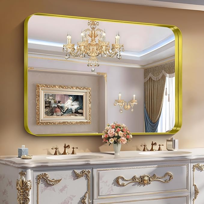 CIRCUMI Gold Bathroom Mirror, 36"x50" Rectangular Mirror with Deep Metal Frame, Rounded Corner, Tempered Glass, Large Mirror for Wall, Over 2 Sinks, Installed Vertically/Horizontally, Crystal-Clear