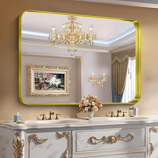 CIRCUMI Gold Bathroom Mirror, 36"x50" Rectangular Mirror with Deep Metal Frame, Rounded Corner, Tempered Glass, Large Mirror for Wall, Over 2 Sinks, Installed Vertically/Horizontally, Crystal-Clear