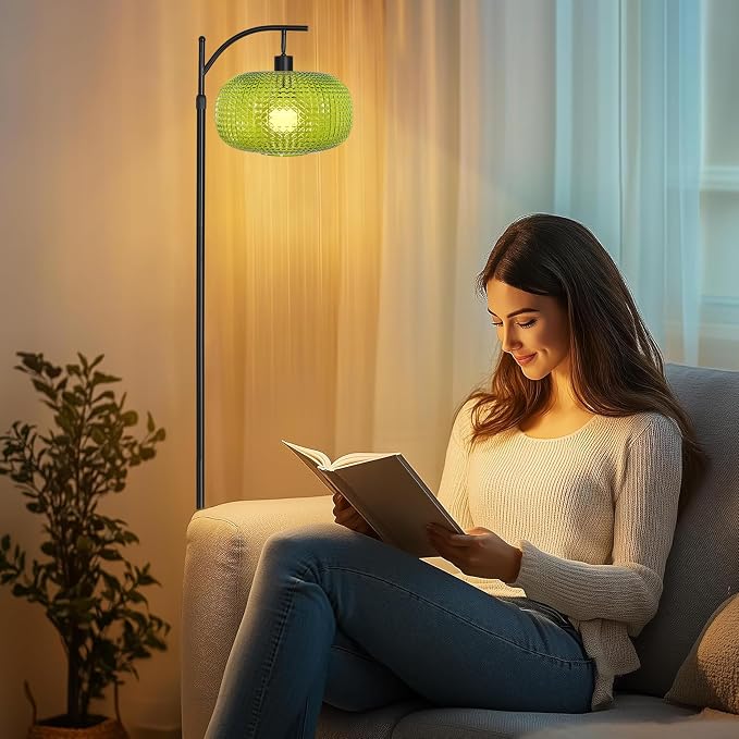 Floor Lamp for Living Room with Green Glass Shade, Modern Standing Lamp with Remote Control, Black Dimmable Tall Lamp for Bedroom Office with 12W LED Bulb